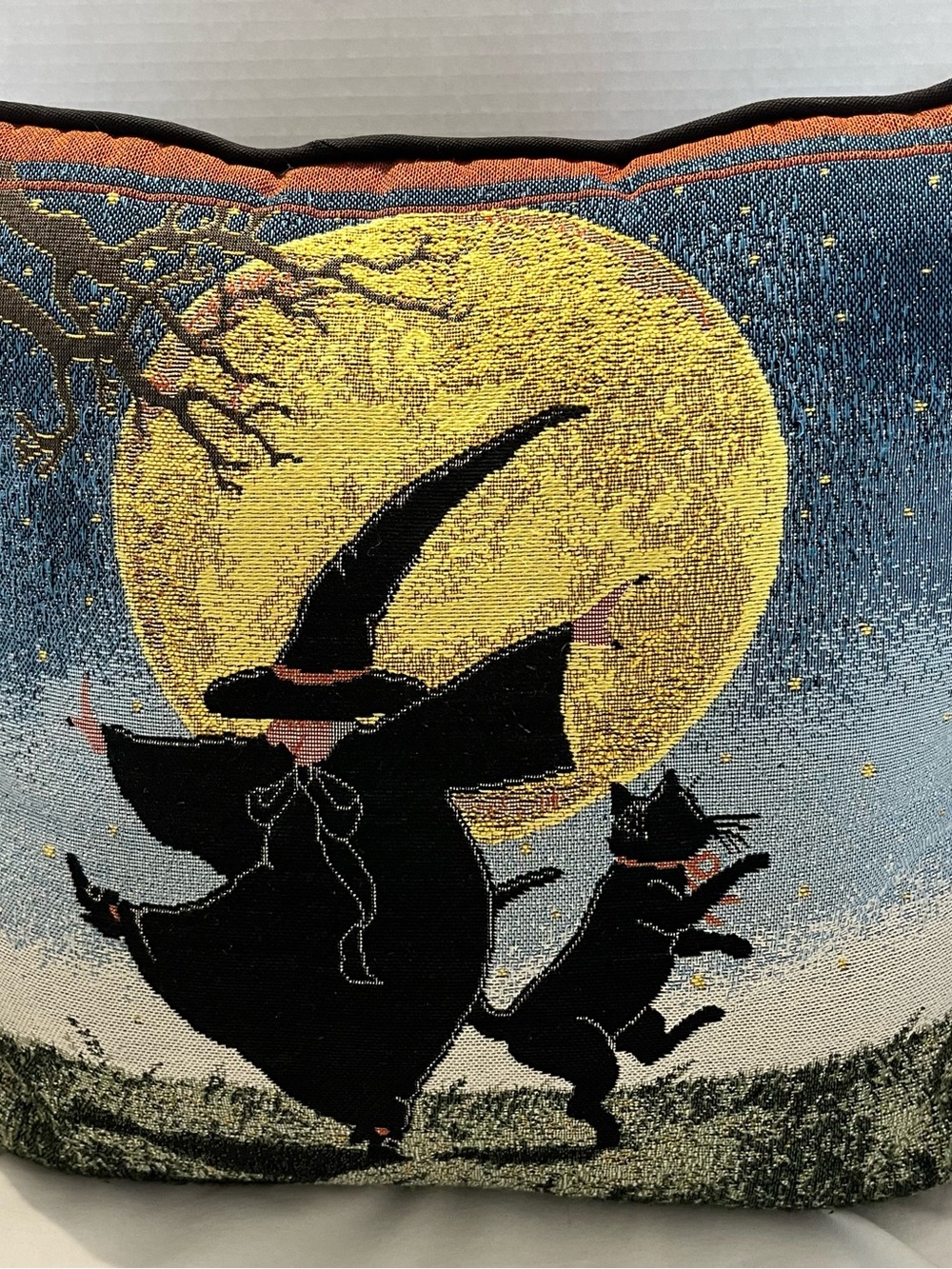 Halloween Witch & Cat Accent Pillow - Black, Yellow, Blue 16" x 16"